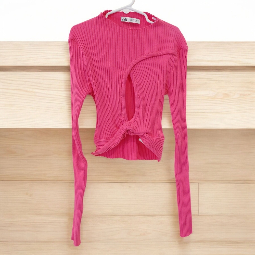 Zara Pink Ribbed Cut Out Tie Front Crop Top